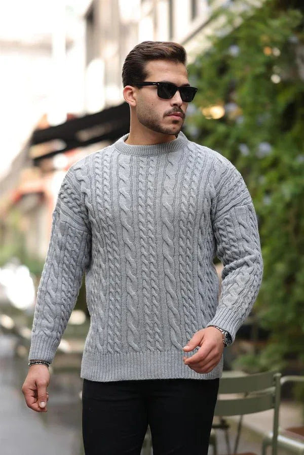 pull homme maille tressée col rond confort