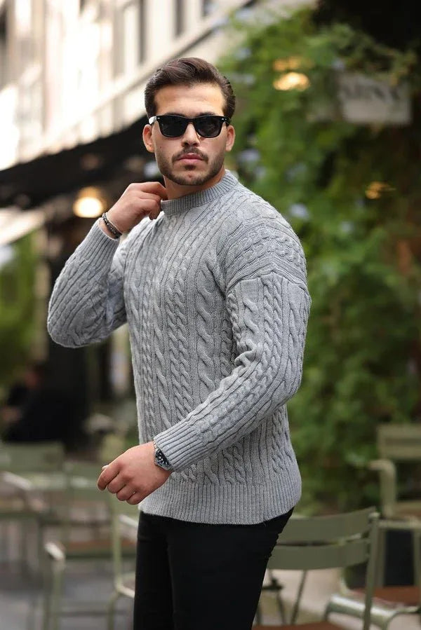pull homme maille tressée col rond confort