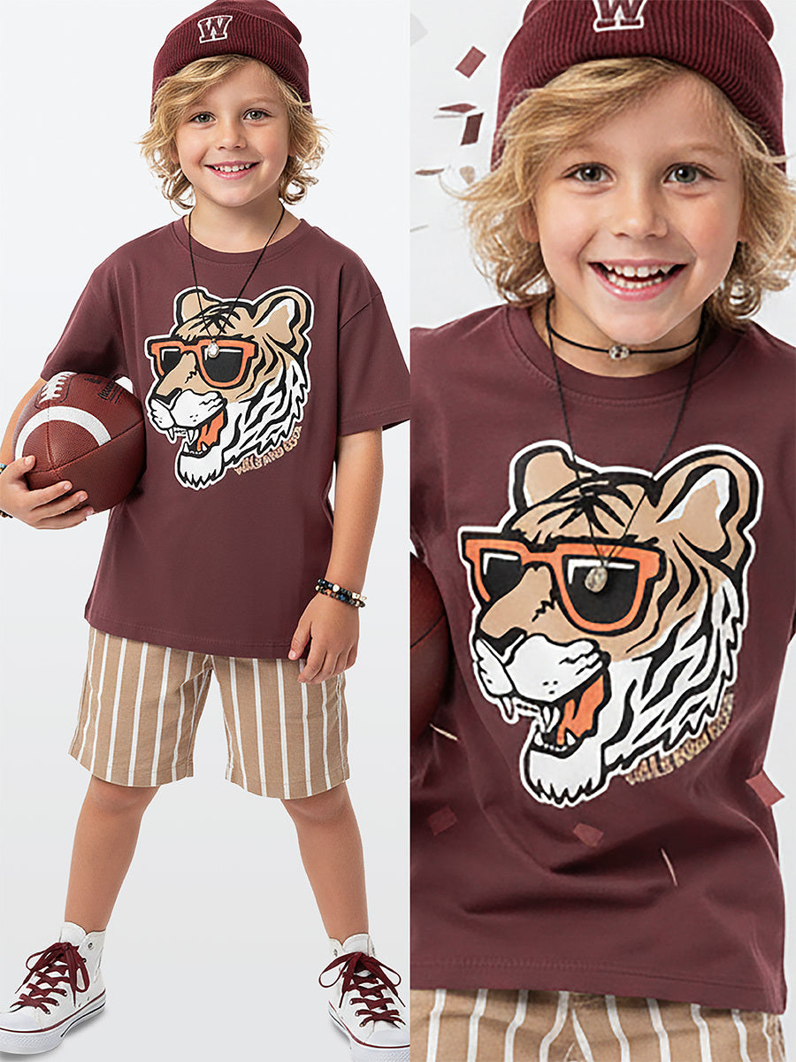 Ensemble garçon 2 pièces t-shirt imprimé tigre et short rayé – Style fun et confort été