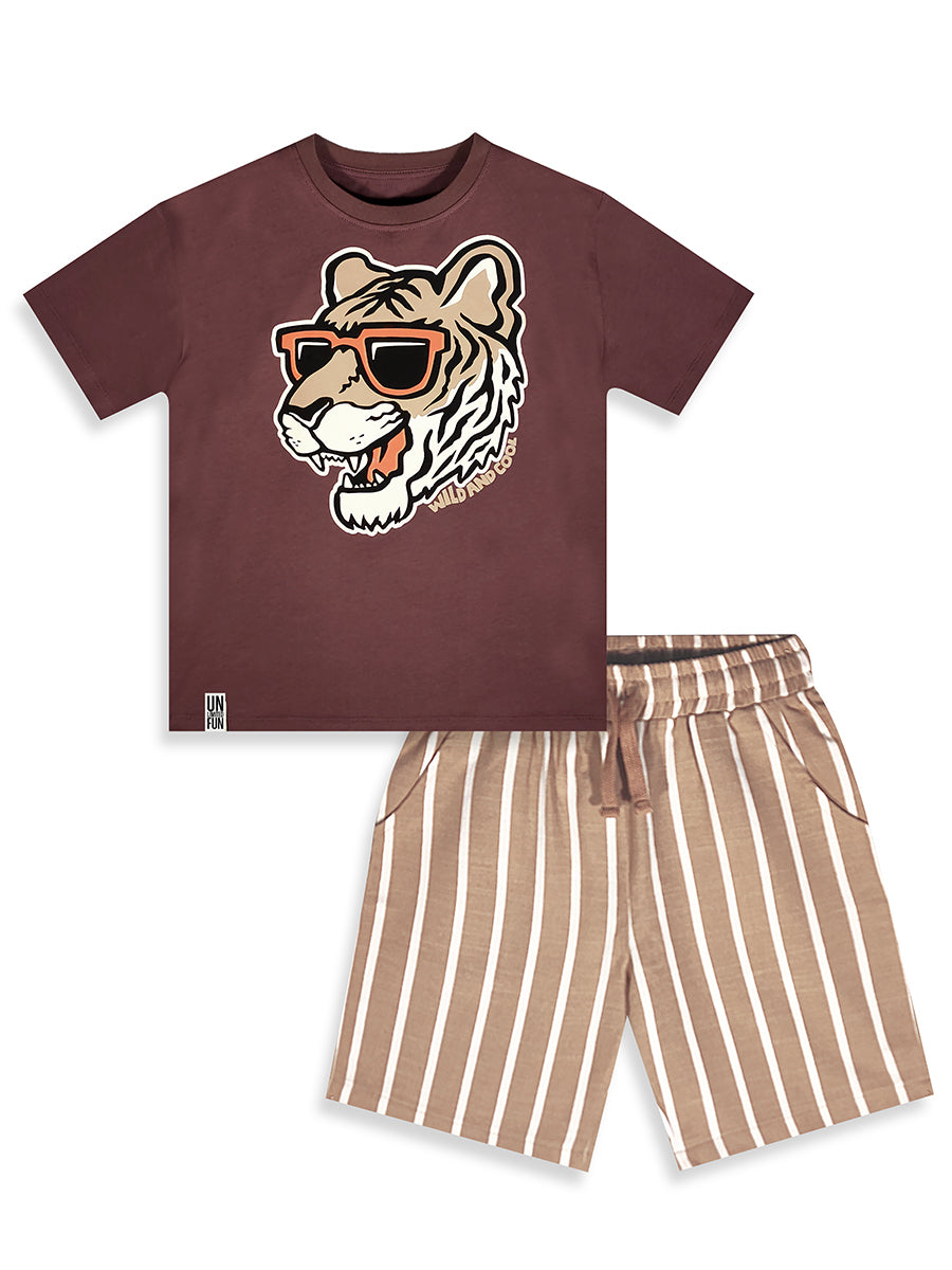 Ensemble garçon 2 pièces t-shirt imprimé tigre et short rayé – Style fun et confort été