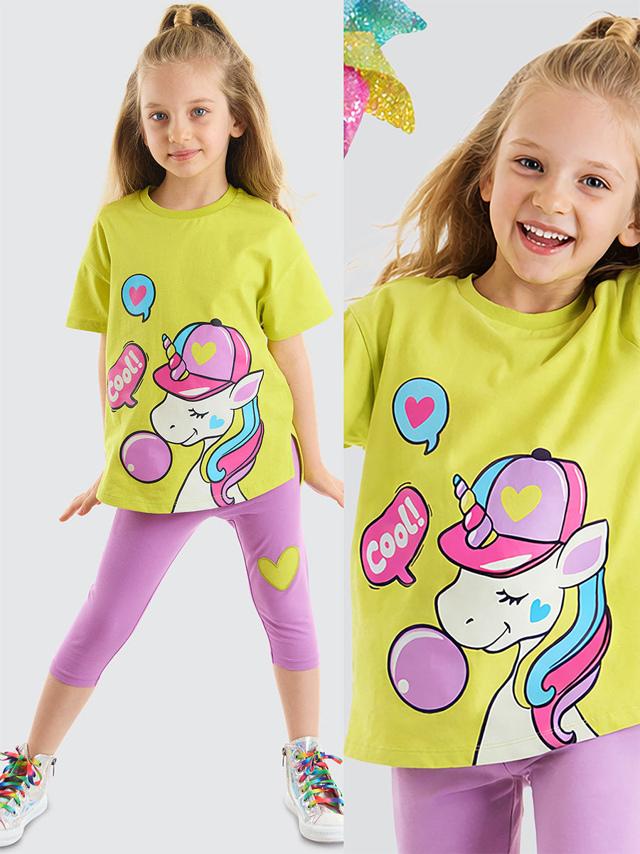 Ensemble fille 2 pièces t-shirt asymétrique imprimé et legging – Confort et style moderne