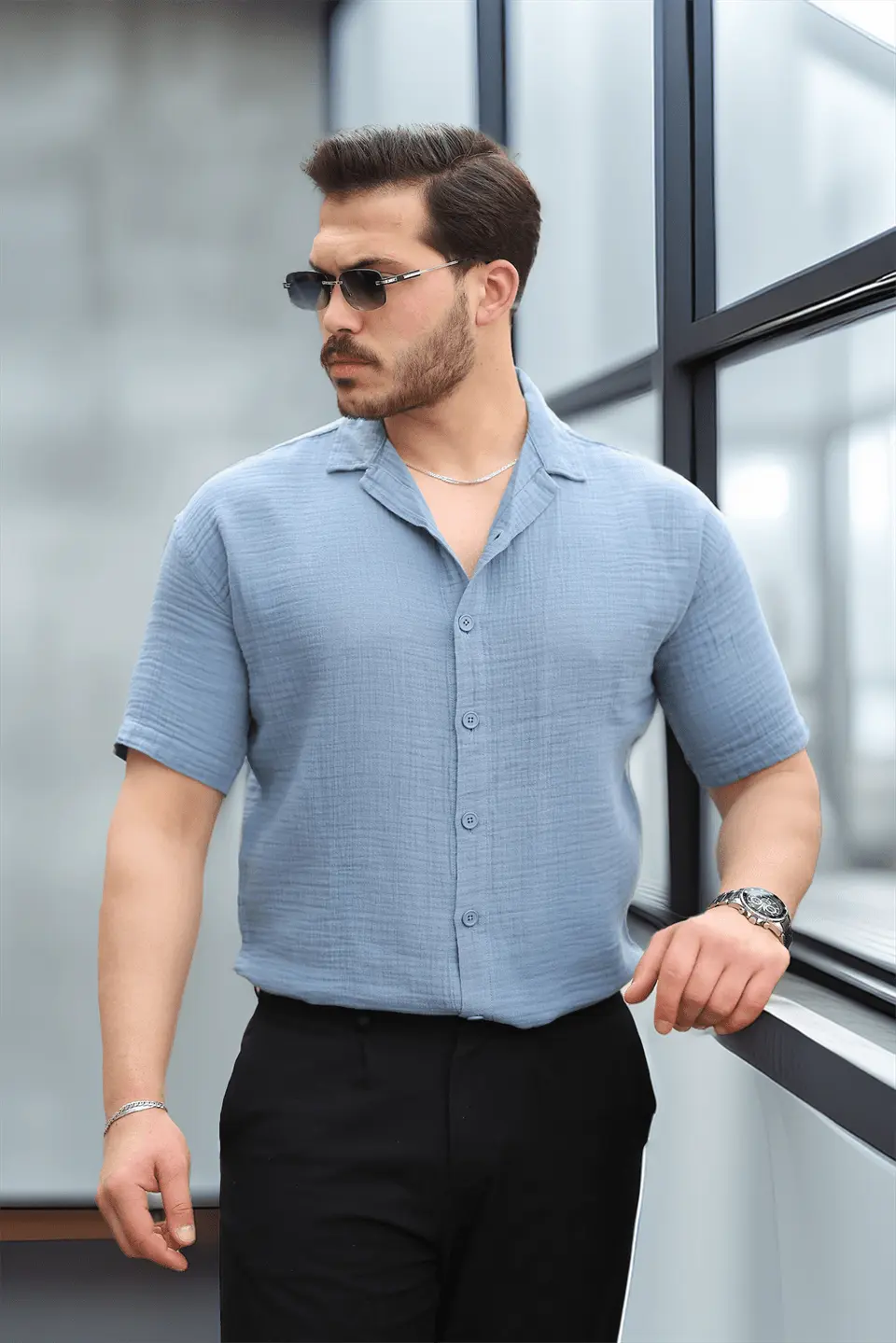 yarim oversize apaş yaka kisa kol müslin kumaş erkek gömlek - Justyol