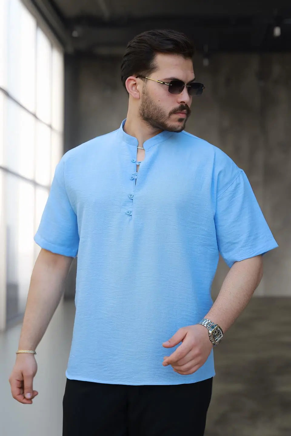 wes oversize yarim pat bambu kisa kol gömlek - Justyol