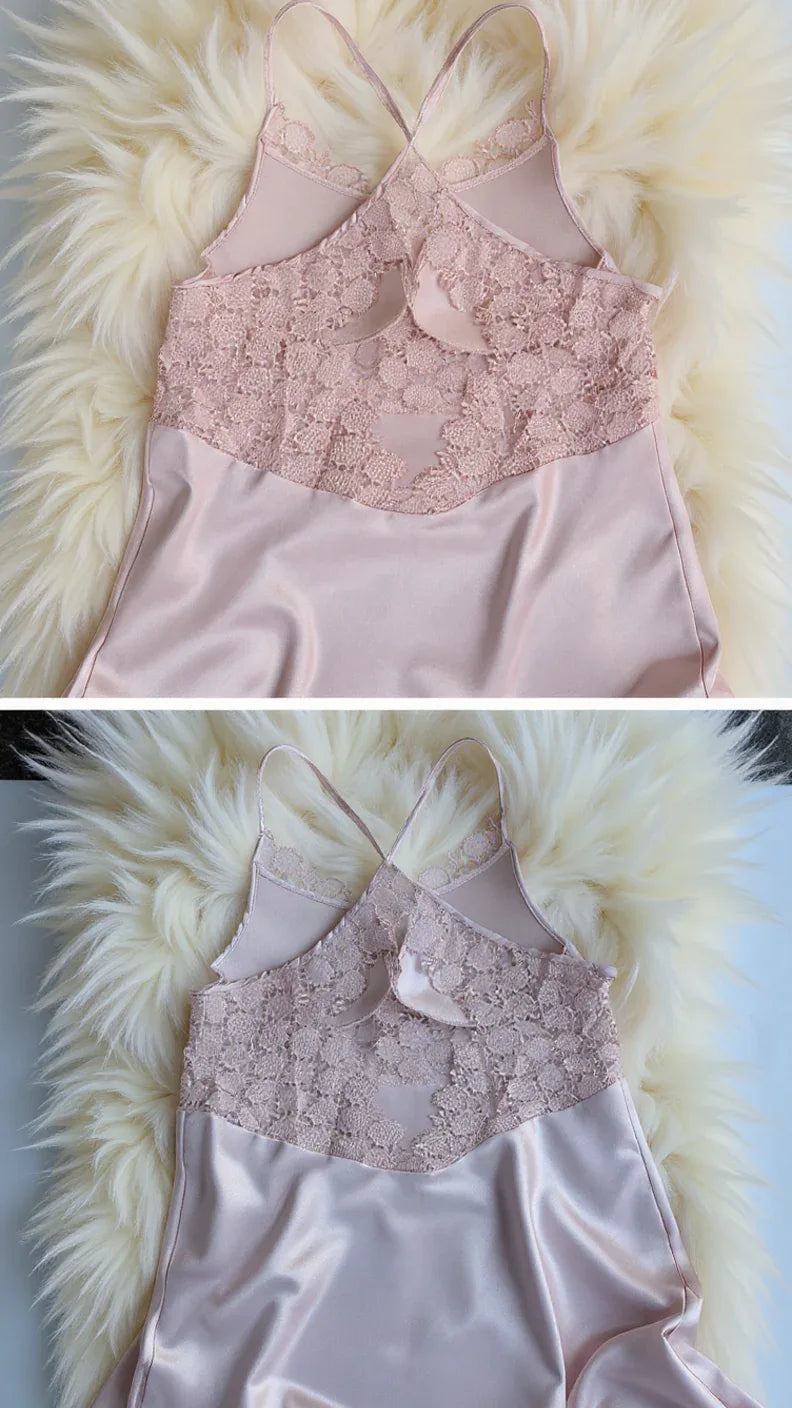 Ensemble nuisette satin femme avec détails dentelle et robe - Justyol