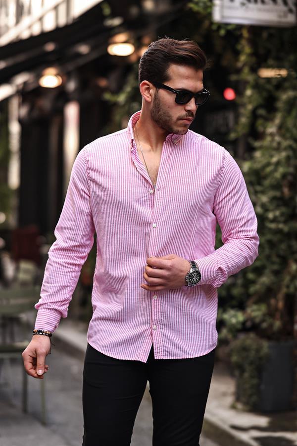 Chemise homme en lin flam rayée à fines bandes verticales - Justyol