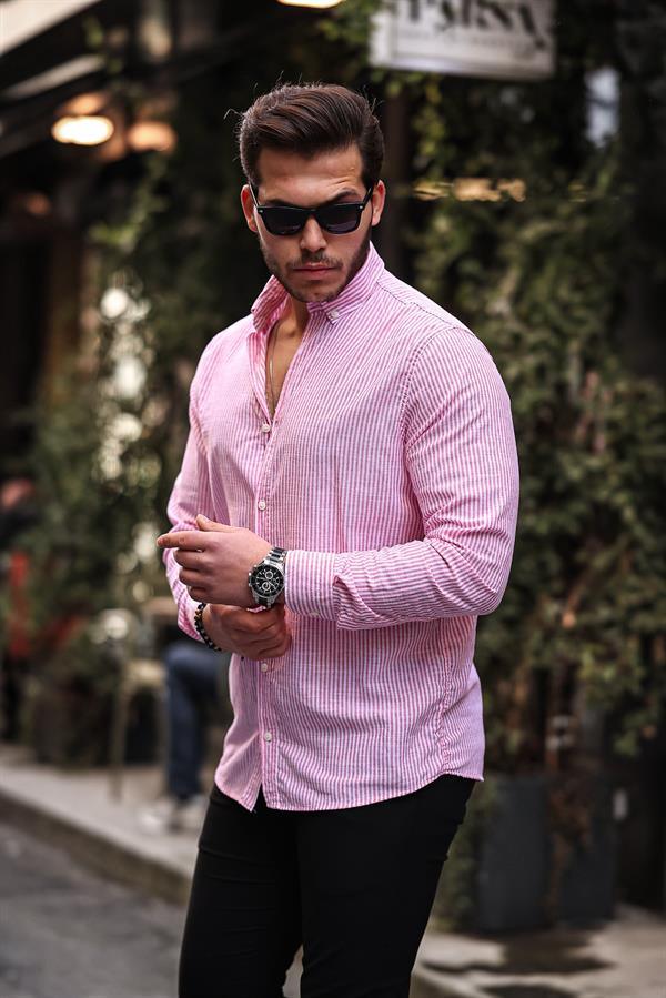 Chemise homme en lin flam rayée à fines bandes verticales - Justyol