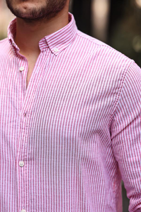 Chemise homme en lin flam rayée à fines bandes verticales