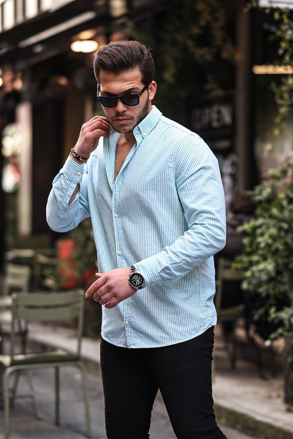Chemise homme en lin flam rayée à fines bandes verticales