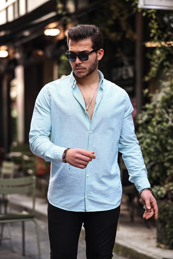 Chemise homme en lin flam rayée à fines bandes verticales