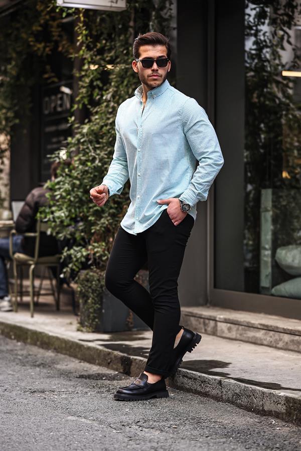 Chemise homme en lin flam rayée à fines bandes verticales - Justyol
