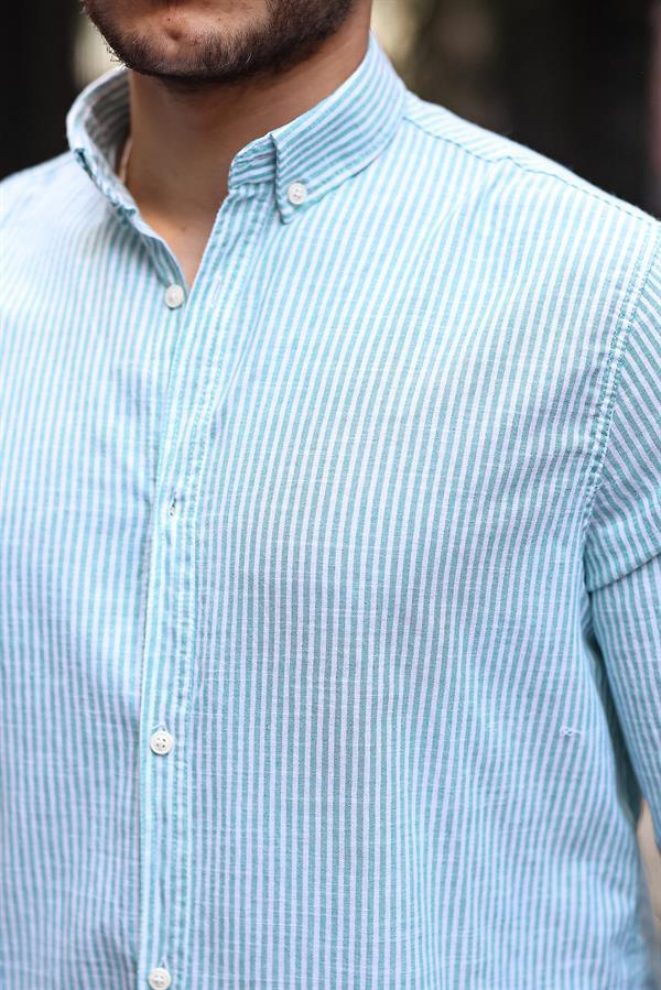 Chemise homme en lin flam rayée à fines bandes verticales - Justyol