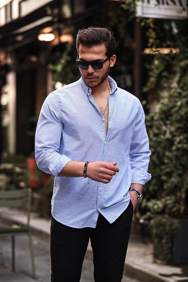 Chemise homme en lin flam rayée à fines bandes verticales