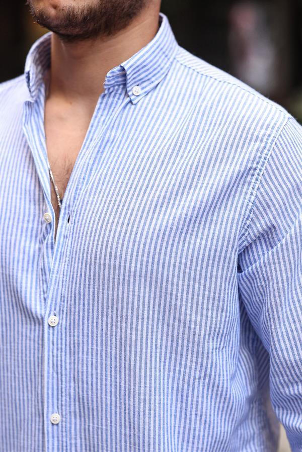 Chemise homme en lin flam rayée à fines bandes verticales - Justyol