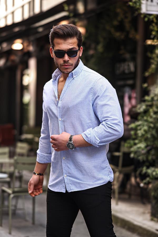 Chemise homme en lin flam rayée à fines bandes verticales - Justyol