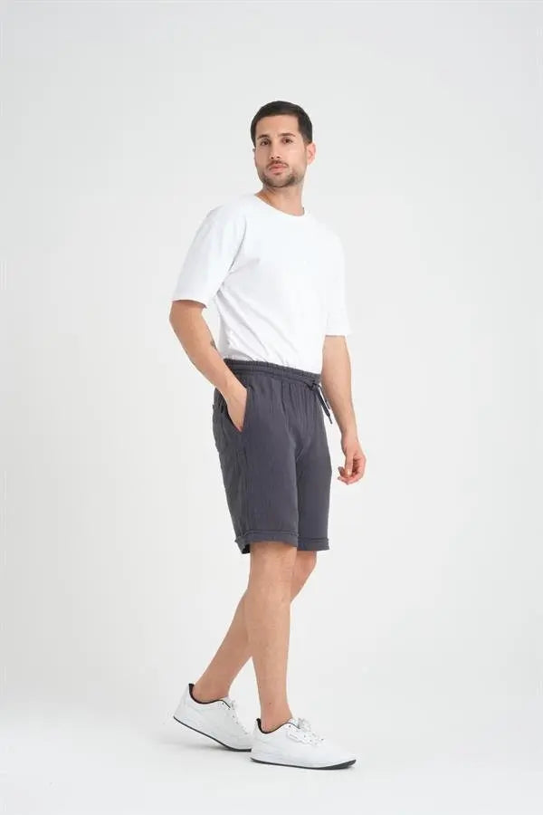 Short Homme en Mousseline de Coton à Revers – Coupe Confort