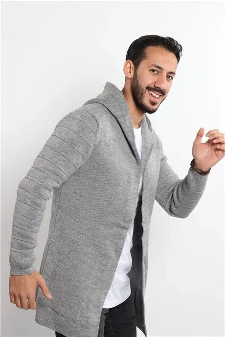 Poncho cardigan homme uni en maille avec capuche - Justyol