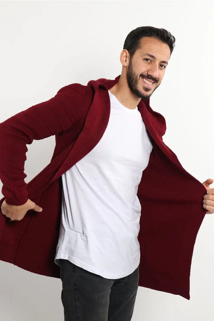 Poncho cardigan homme uni en maille avec capuche - Justyol