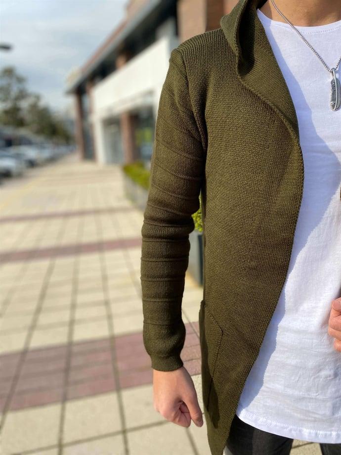 Poncho cardigan homme uni en maille avec capuche - Justyol