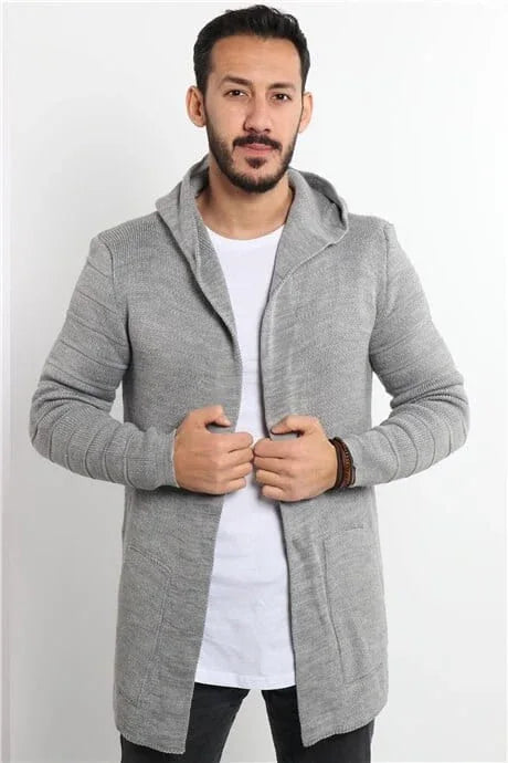 Poncho cardigan homme uni en maille avec capuche - Justyol
