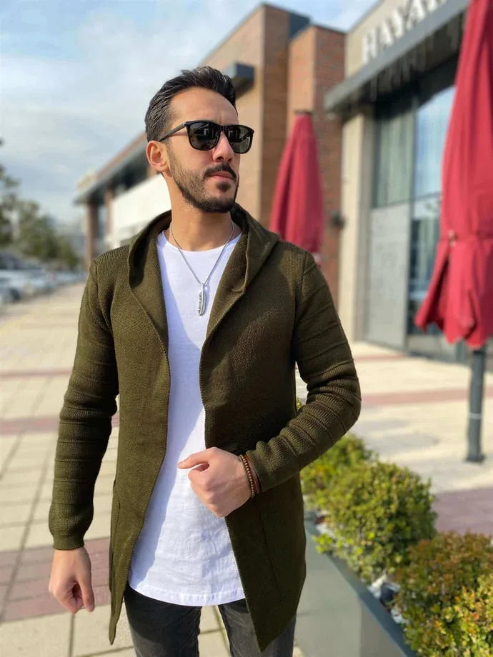 Poncho cardigan homme uni en maille avec capuche - Justyol