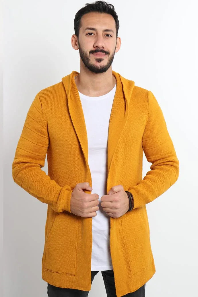Poncho cardigan homme uni en maille avec capuche - Justyol
