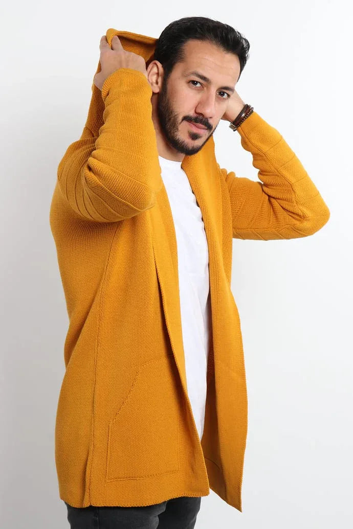 Poncho cardigan homme uni en maille avec capuche - Justyol