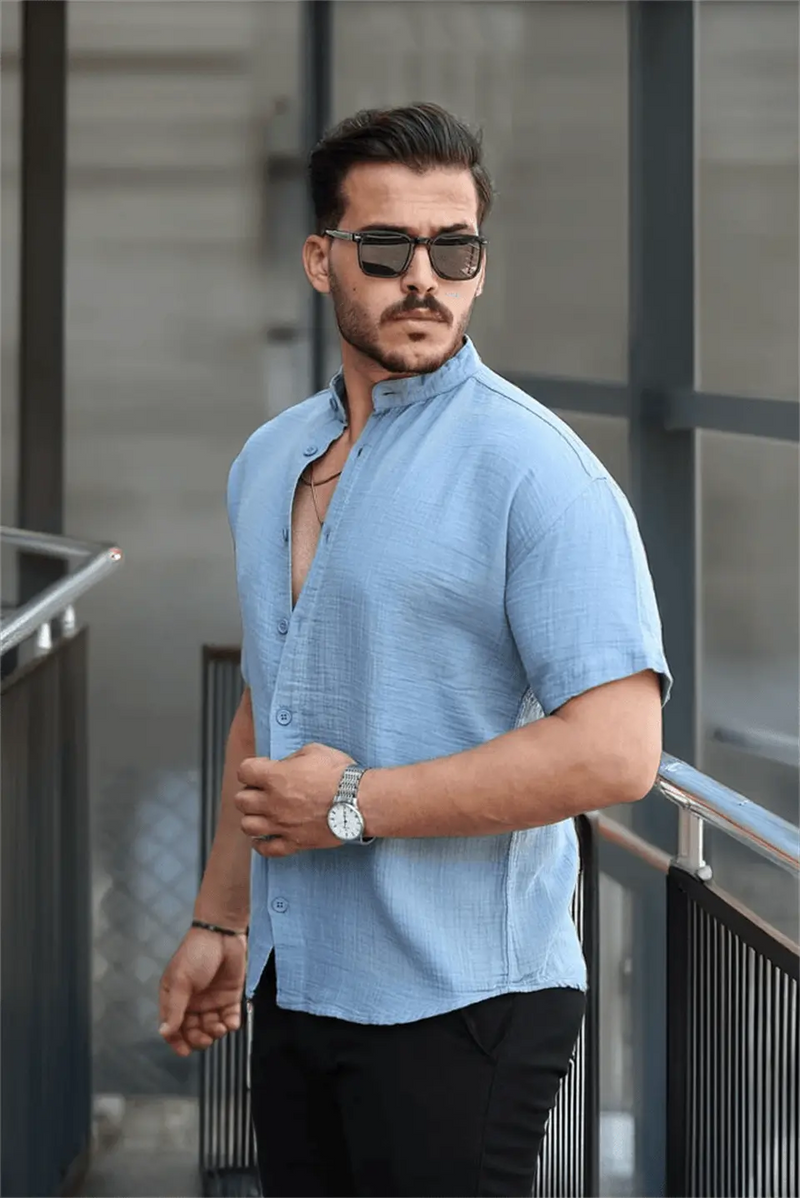 chemise homme col mao coton mousseline manches courtes