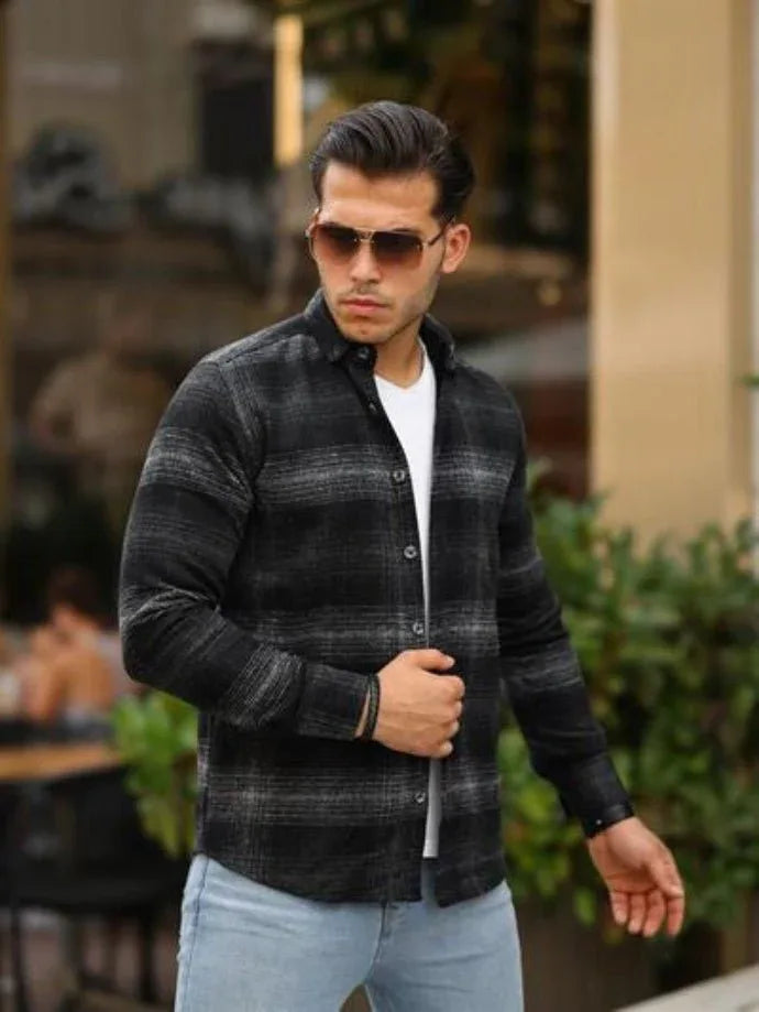 Chemise homme bûcheron rayée coupe fit en coton tricoté - Justyol