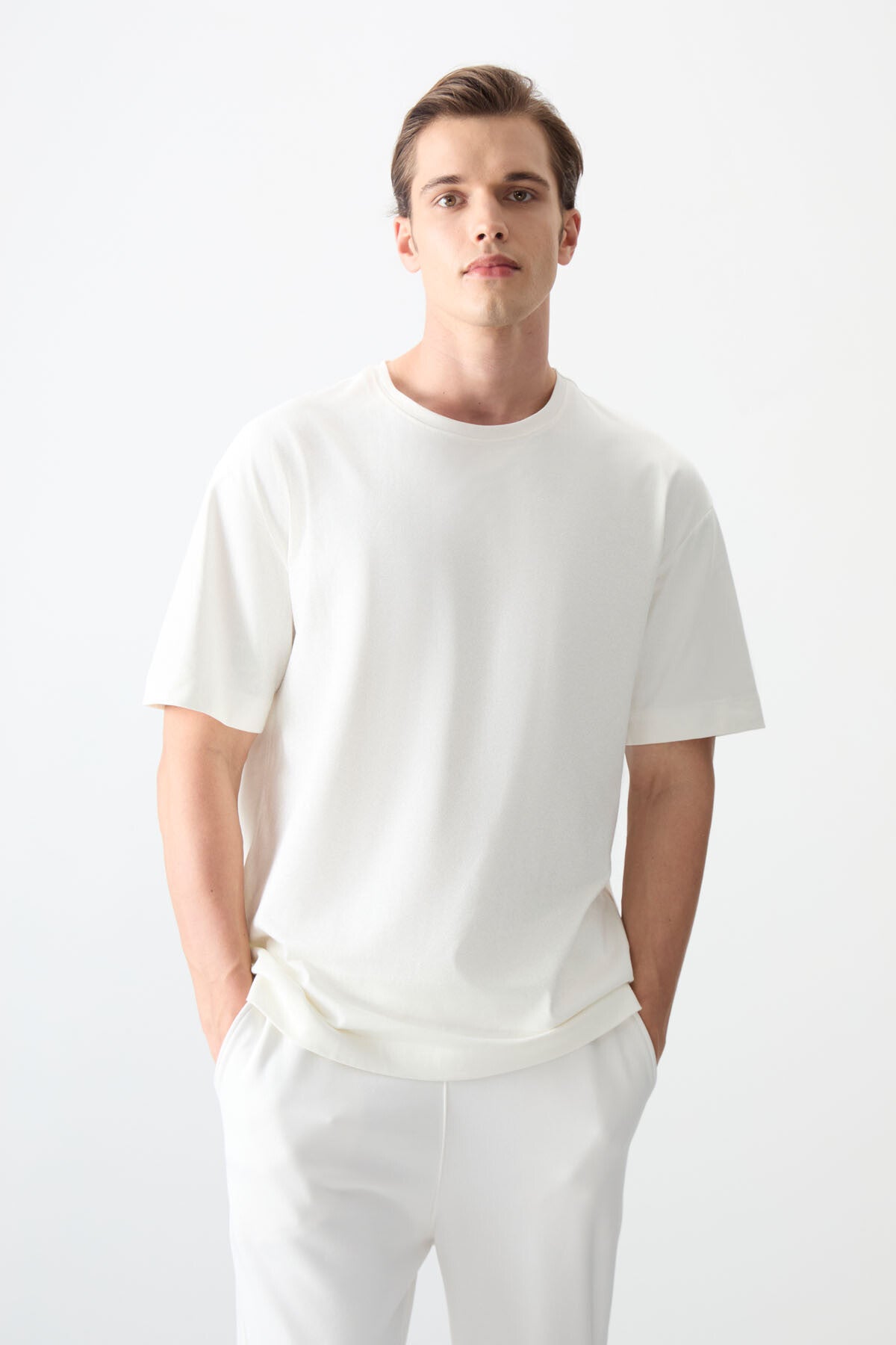 %100 pamuk kalin yumuşak dokulu oversize fit basic erkek t-shirt - 88353 - Justyol