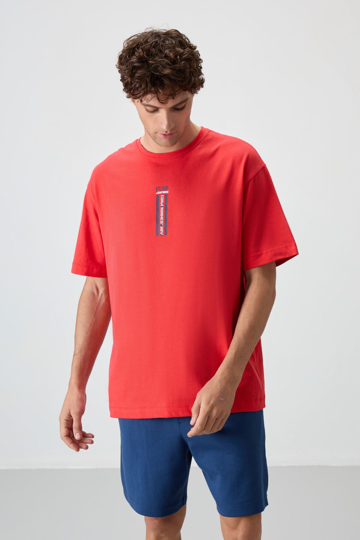 %100 pamuk kalin yumuşak dokulu oversize fit baskili erkek t-shirt - 88360 - Justyol