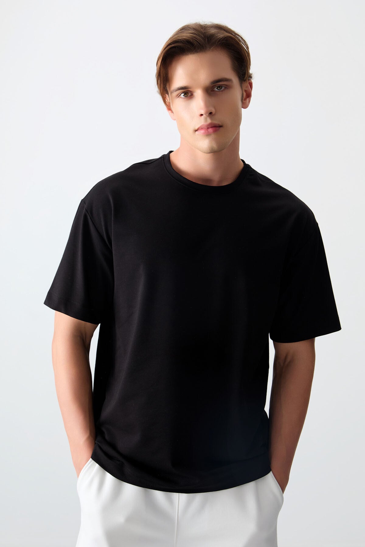 pamuklu kalin yumuşak dokulu oversize fit basic erkek t-shirt - 88377 - Justyol