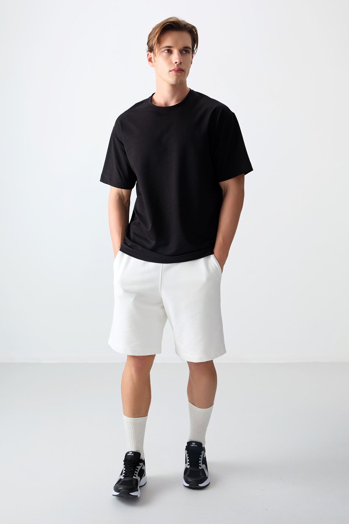 pamuklu kalin yumuşak dokulu oversize fit basic erkek t-shirt - 88377 - Justyol