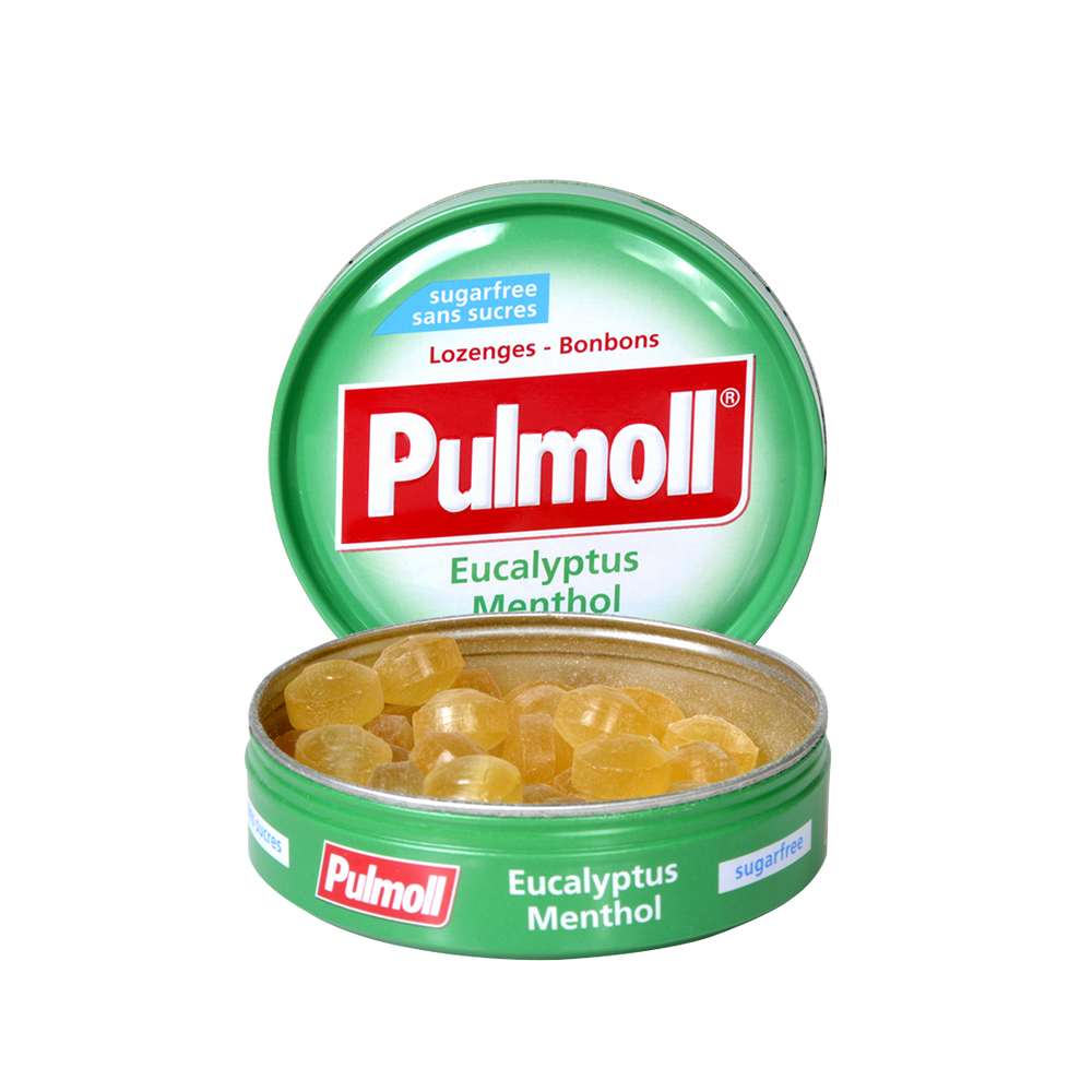 حلوى استحلاب PULMOLL بالأوكالبتوس والمنثول بدون سكر لانتعاش الحلق – 45 غرام