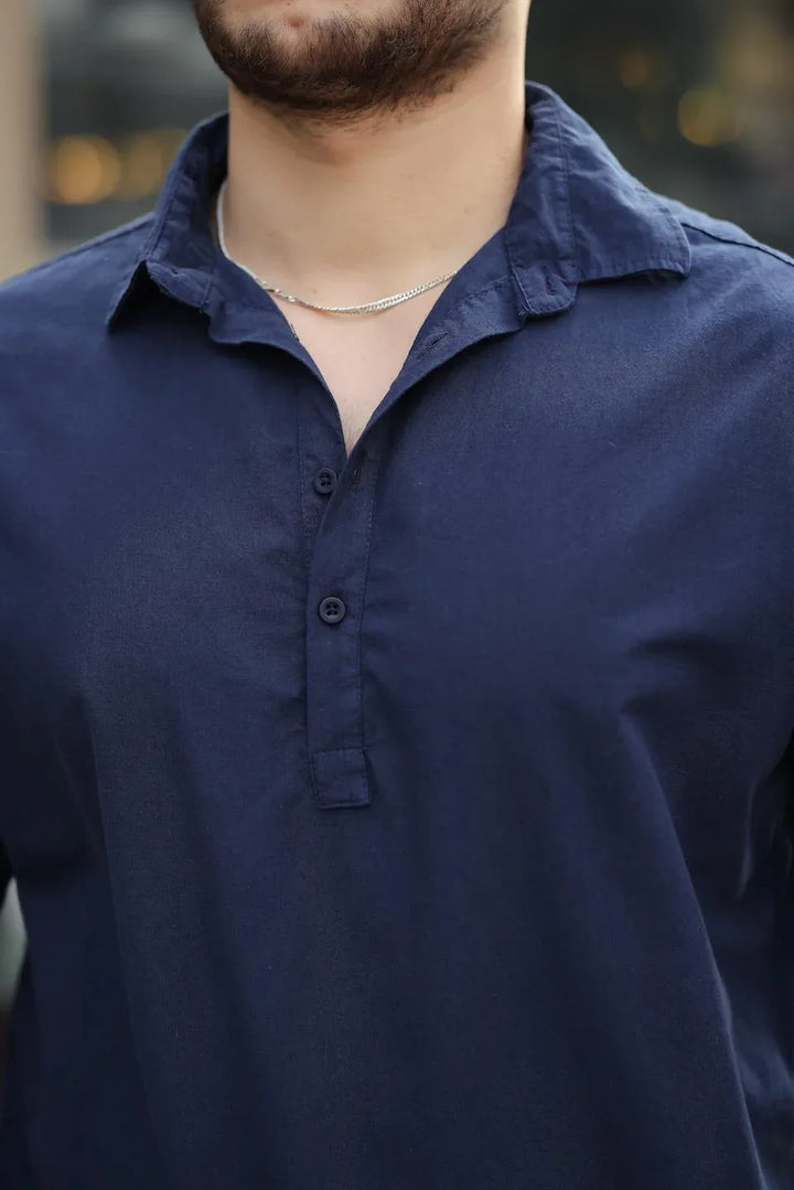 chemise homme col demi‑patte coton long manches
