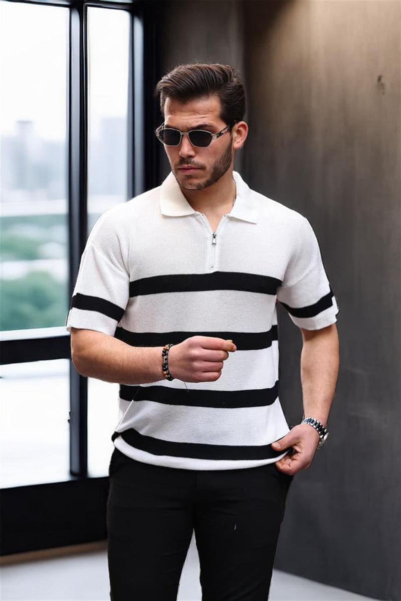 Polo Homme en Maille Oversize à Demi-Zip et Motif Rayé