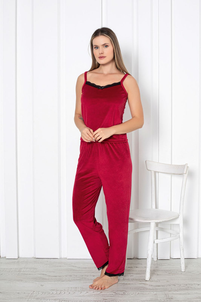 Ensemble Pyjama 3 Pièces Femme en Velours avec Peignoir Dentelle