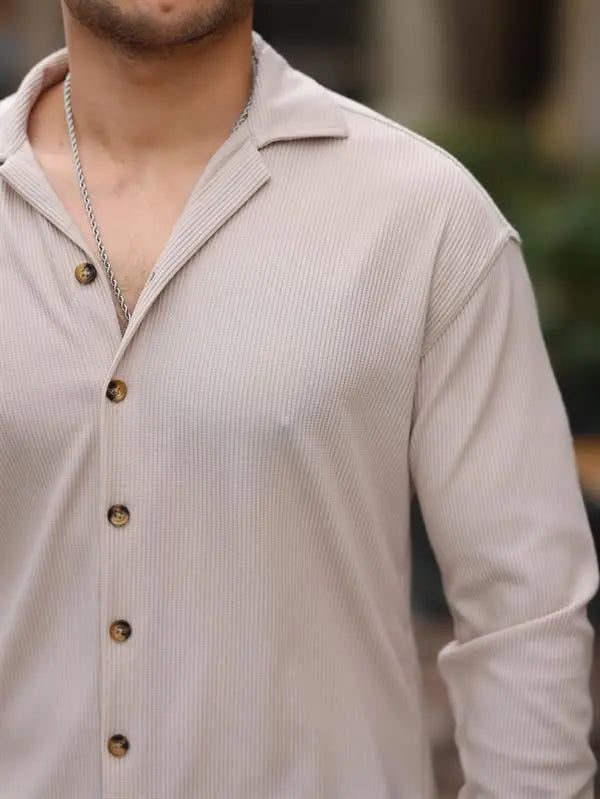 Chemise Homme Côtelée à Col Bowling – Manches Longues