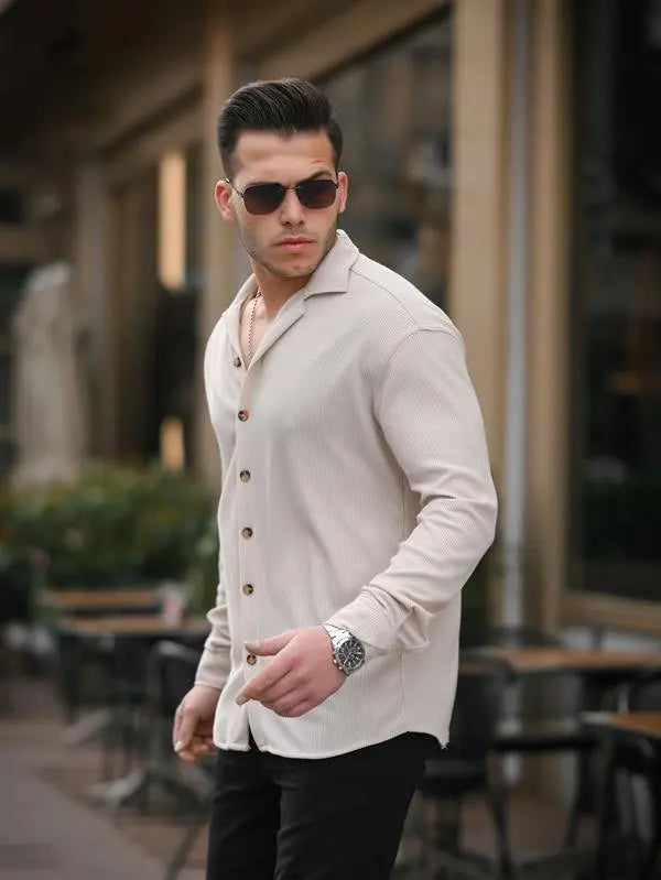 Chemise Homme Côtelée à Col Bowling – Manches Longues