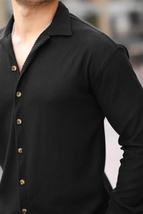 Chemise Homme Côtelée à Col Bowling – Manches Longues