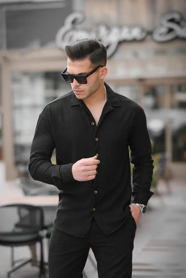 Chemise Homme Côtelée à Col Bowling – Manches Longues