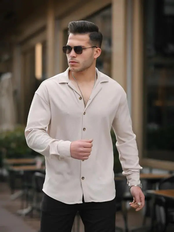 Chemise Homme Côtelée à Col Bowling – Manches Longues