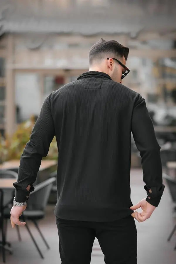 Chemise Homme Côtelée à Col Bowling – Manches Longues
