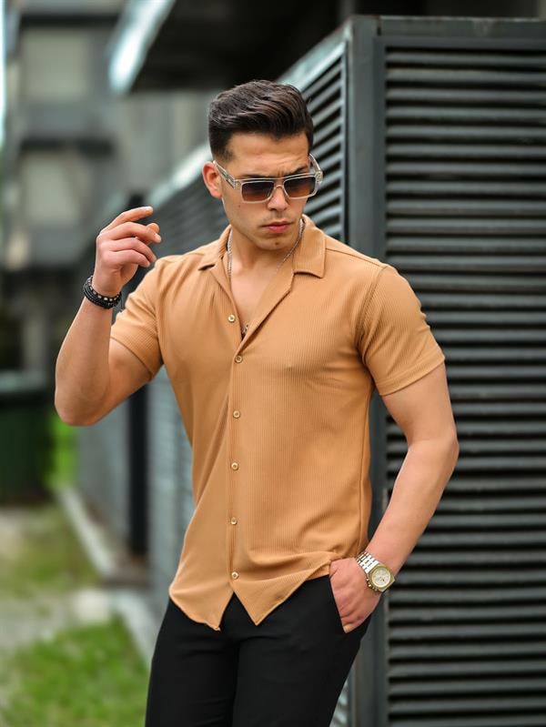 Chemise Homme Ajustée Côtelée à Manches Courtes