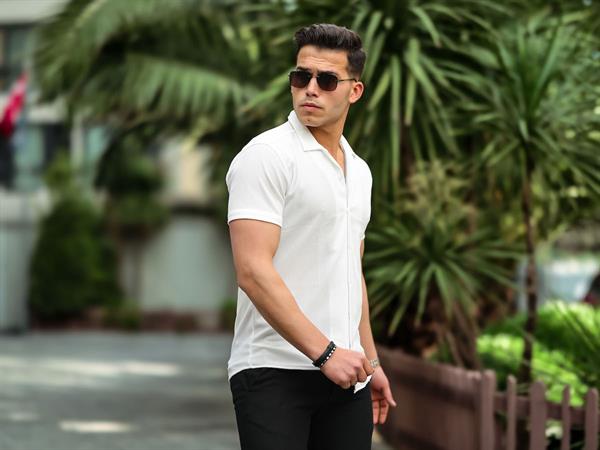 Chemise Homme Ajustée Côtelée à Manches Courtes