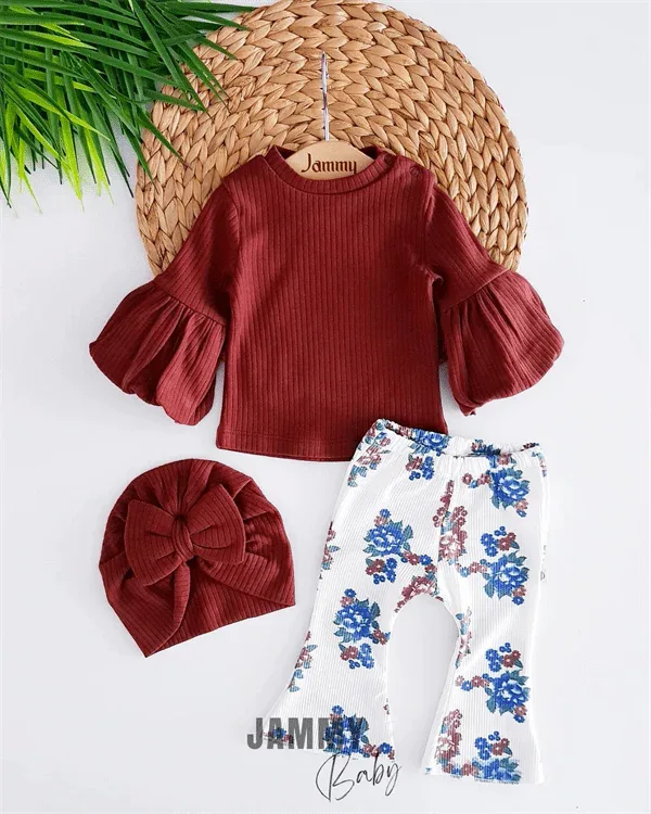 Ensemble bébé top côtelé, pantalon fleuri et bandeau - coton - Justyol
