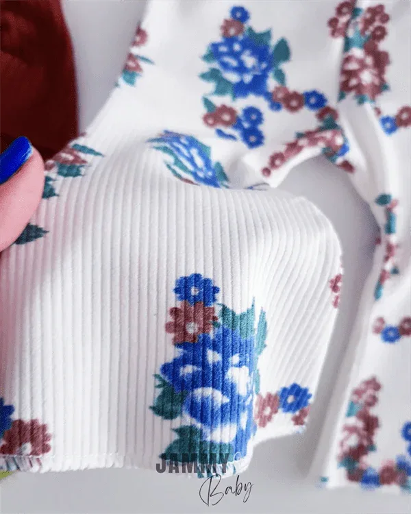Ensemble bébé top côtelé, pantalon fleuri et bandeau - coton - Justyol