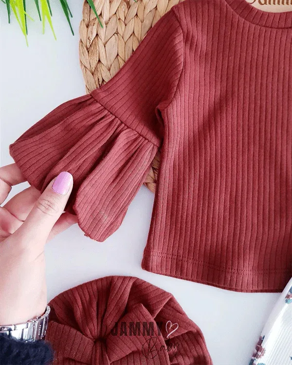 Ensemble bébé top côtelé, pantalon fleuri et bandeau - coton - Justyol