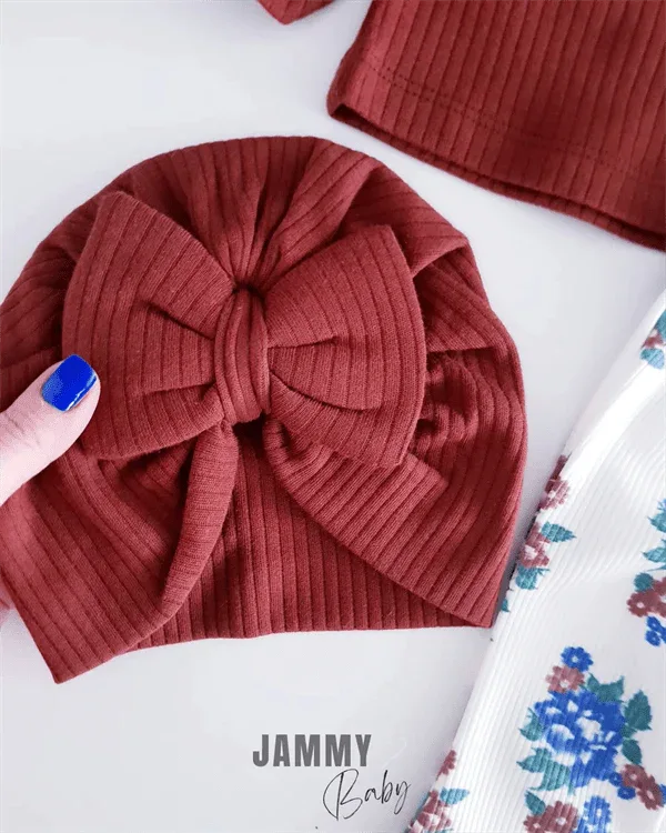 Ensemble bébé top côtelé, pantalon fleuri et bandeau - coton - Justyol