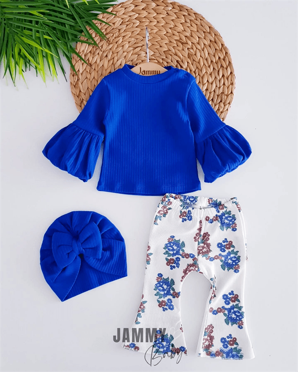 Ensemble bébé 3 pièces florale avec blouse manches ballon et pantalon imprimé