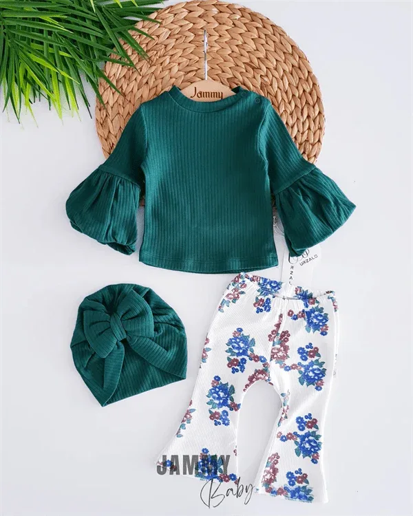 Ensemble bébé top côtelé, pantalon fleuri et bandeau - coton - Justyol